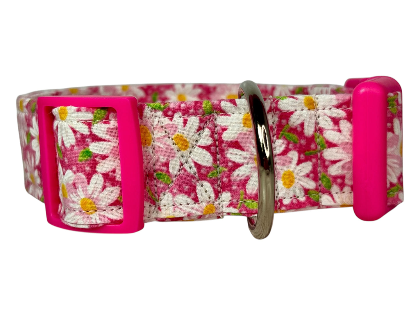Pink Daisy Floral Handmade dog collar,  Handmade Pet Collar with Heavy-Duty Webbing & Stainless Steel Hardware
