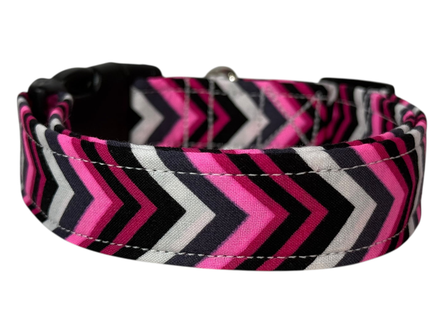 Pink White and Gray Handmade dog collar,  Handmade Pet Collar with Heavy-Duty Webbing & Stainless Steel Hardware