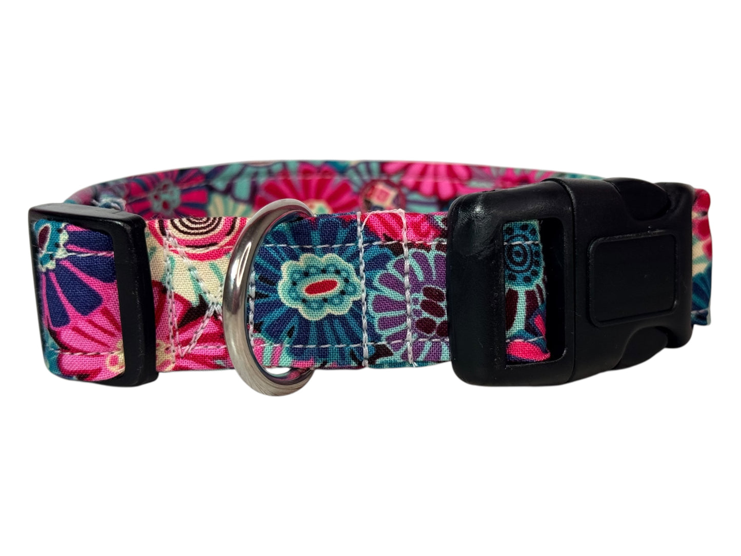 Floral Dog collar, Pink, teal and blue, Handmade dog collar,  Handmade Pet Collar with Heavy-Duty Webbing & Stainless Steel Hardware