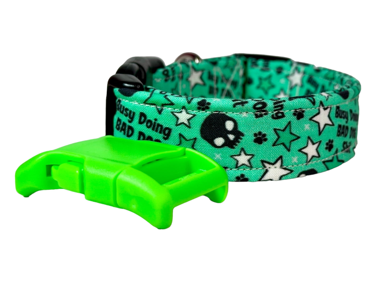 Busy doing bad dog shit dog collar (green), standard adjustable side release - handmade