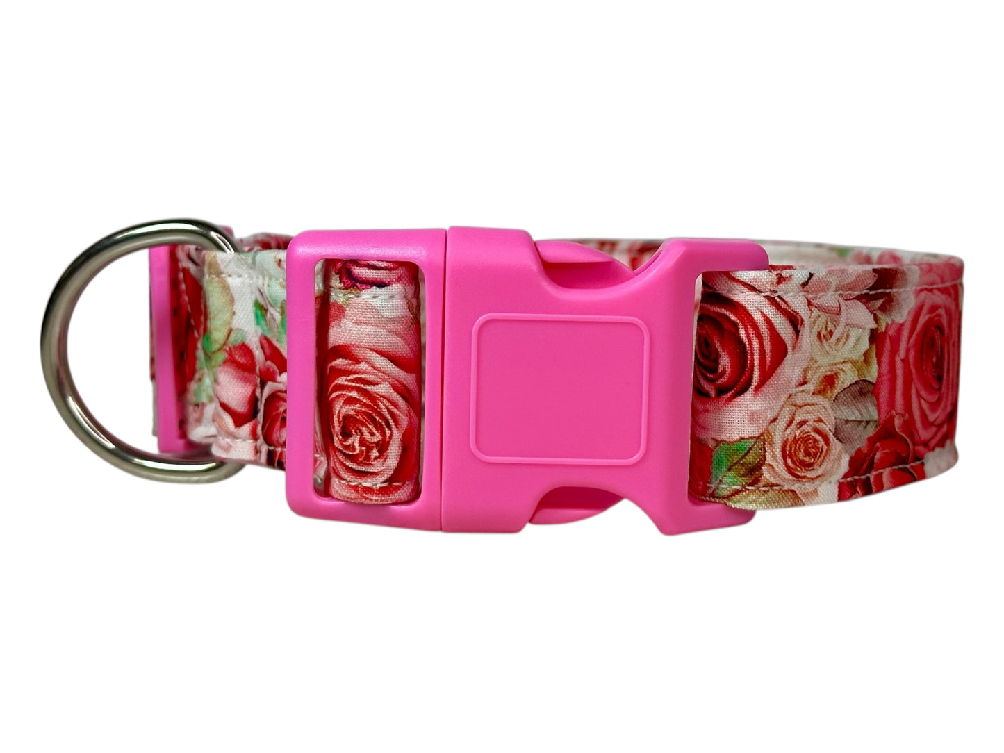 Pink Rose Dog Collar – Floral Handmade Pet Collar with Heavy-Duty Webbing & Stainless Steel Hardware