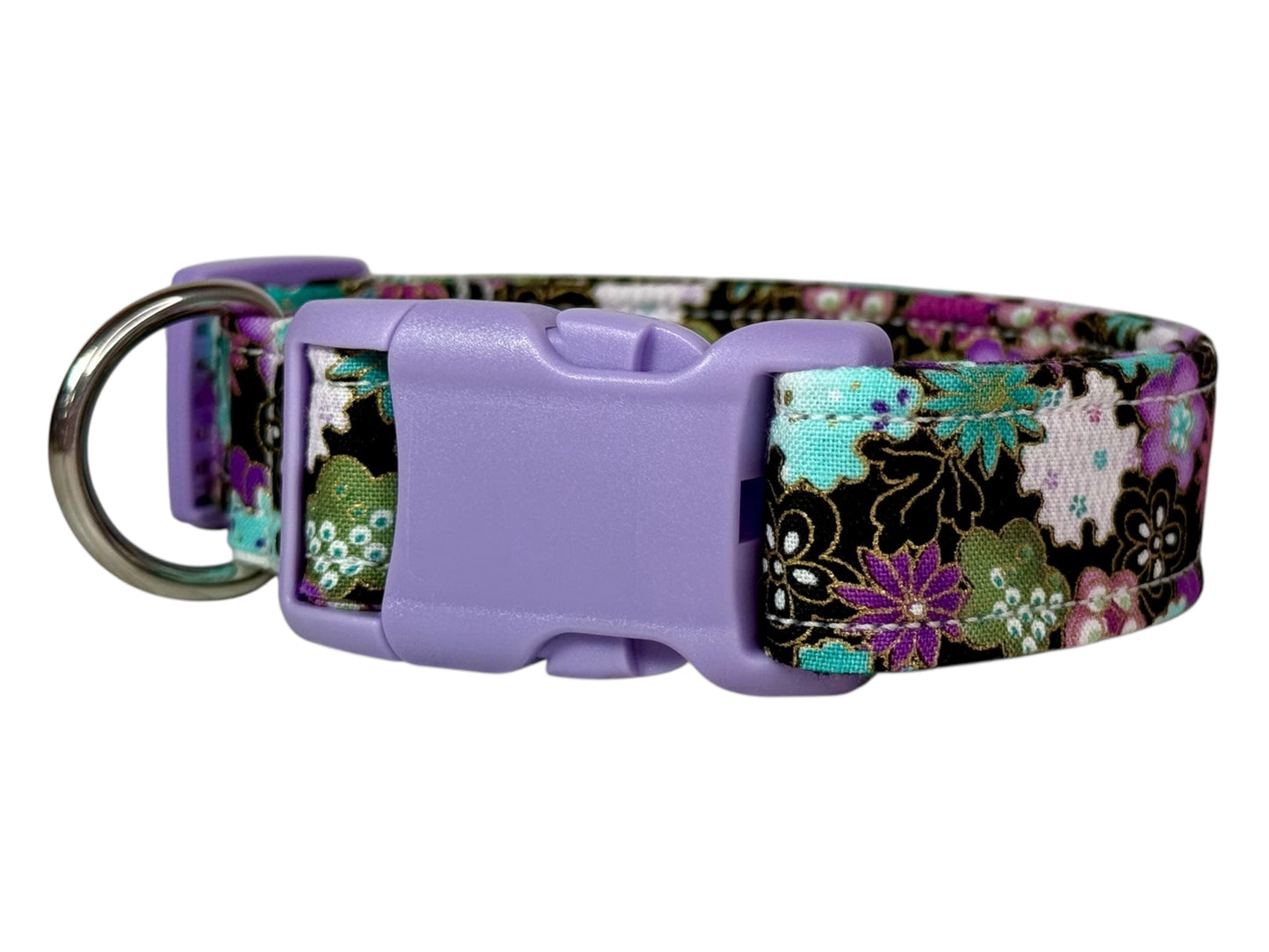 Purple and Teal Floral dog collar,  Handmade Pet Collar with Heavy-Duty Webbing & Stainless Steel Hardware