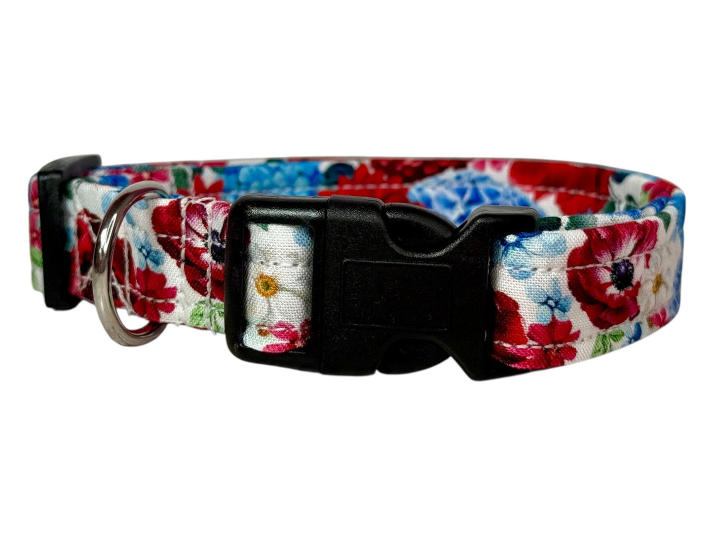 Patriotic Floral Handmade dog collar: Adjustable side release, washable cotton fabric, webbing core, customizable hardware