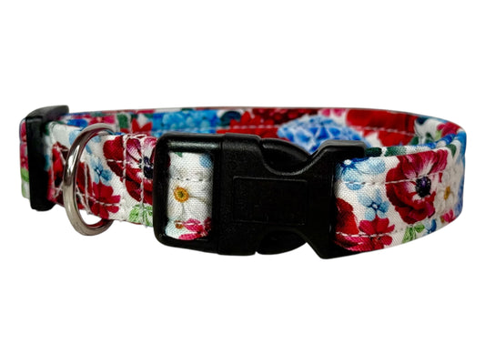 Patriotic Floral Handmade dog collar: Adjustable side release, washable cotton fabric, webbing core, customizable hardware
