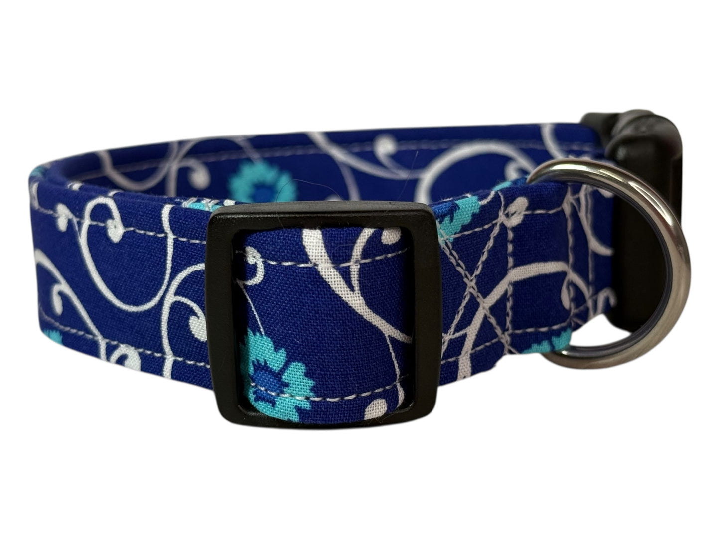 Blue and White Floral Handmade dog collar,  Handmade Pet Collar with Heavy-Duty Webbing & Stainless Steel Hardware
