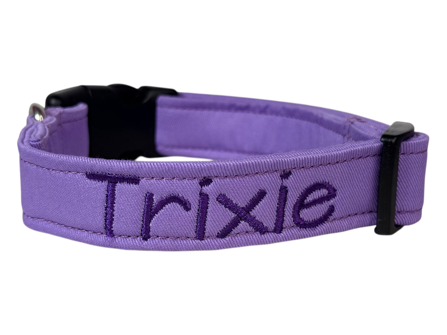 Lavendar embroidered cotton canvas side release adjustable dog collar, handmade, washable, personalized