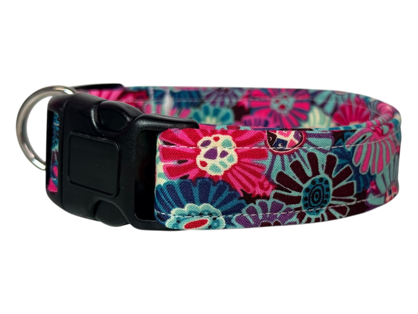 Floral Dog collar, Pink, teal and blue, Handmade dog collar,  Handmade Pet Collar with Heavy-Duty Webbing & Stainless Steel Hardware