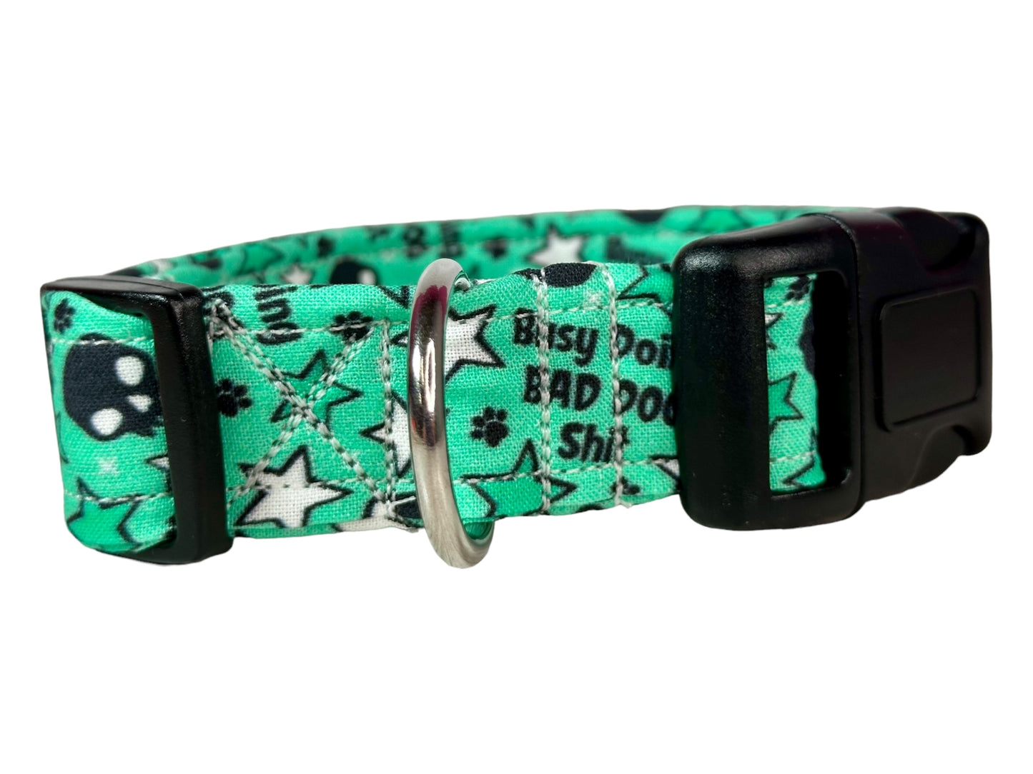 Busy doing bad dog shit dog collar (green), standard adjustable side release - handmade