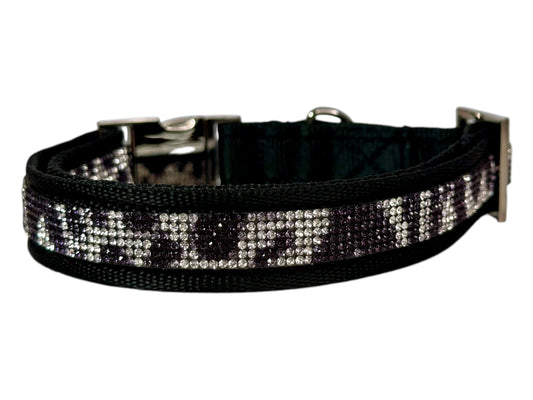 Rhinestone and Webbing Dog collar, Black with Cow Print Rhinestones and engrave-able silver hardware