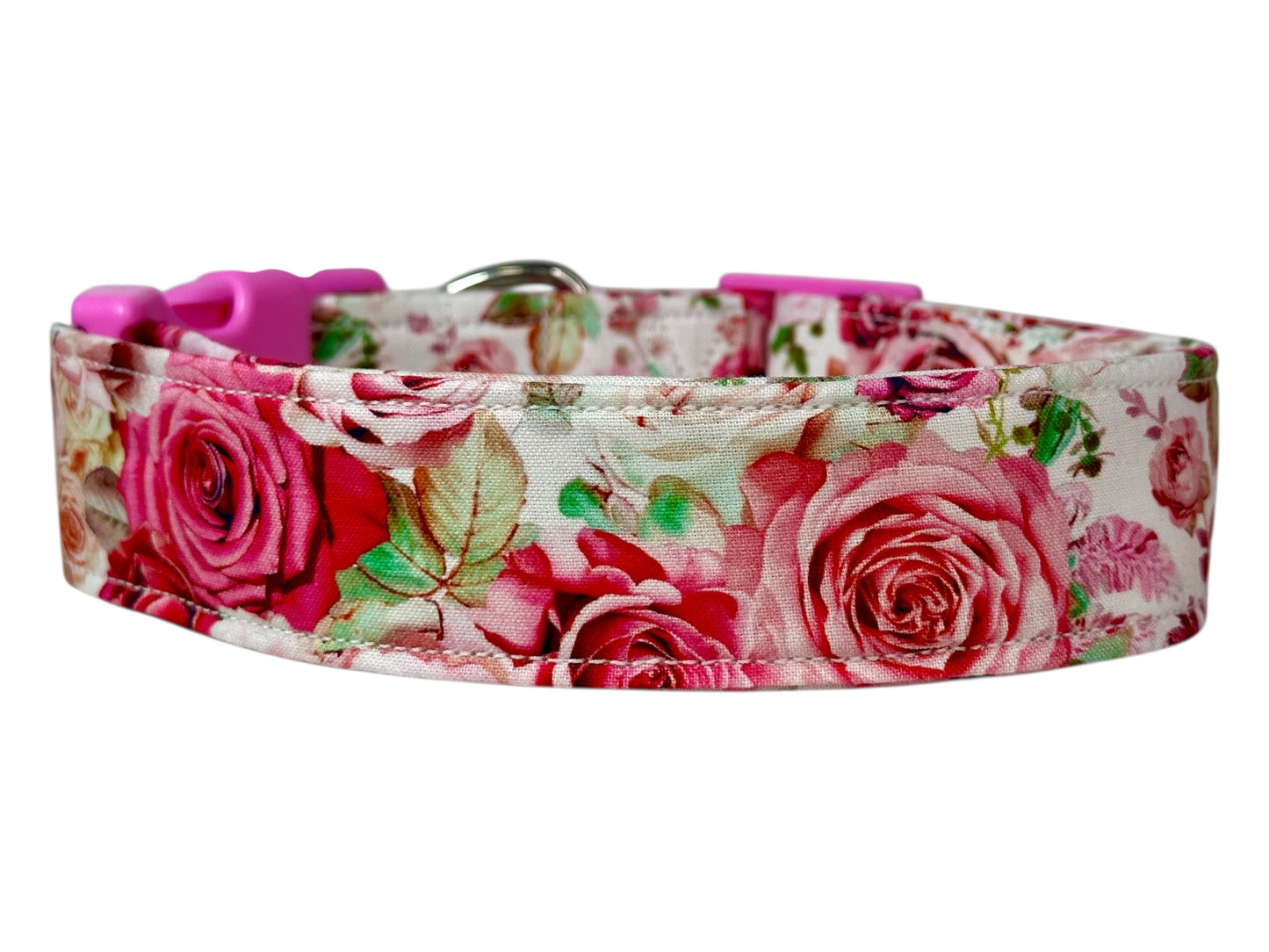 Pink Rose Dog Collar – Floral Handmade Pet Collar with Heavy-Duty Webbing & Stainless Steel Hardware