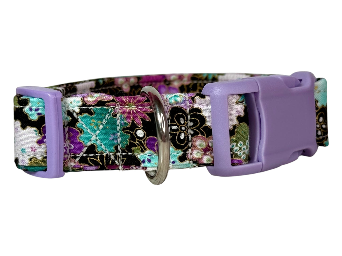 Purple and Teal Floral dog collar,  Handmade Pet Collar with Heavy-Duty Webbing & Stainless Steel Hardware