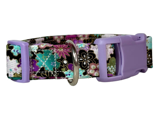 Purple and Teal Floral dog collar,  Handmade Pet Collar with Heavy-Duty Webbing & Stainless Steel Hardware