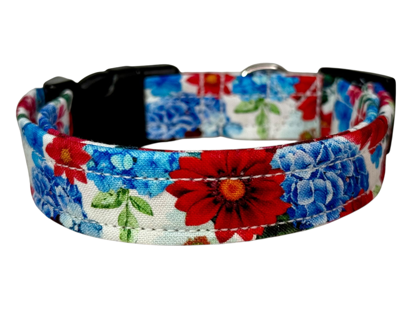Patriotic Floral Handmade dog collar: Adjustable side release, washable cotton fabric, webbing core, customizable hardware