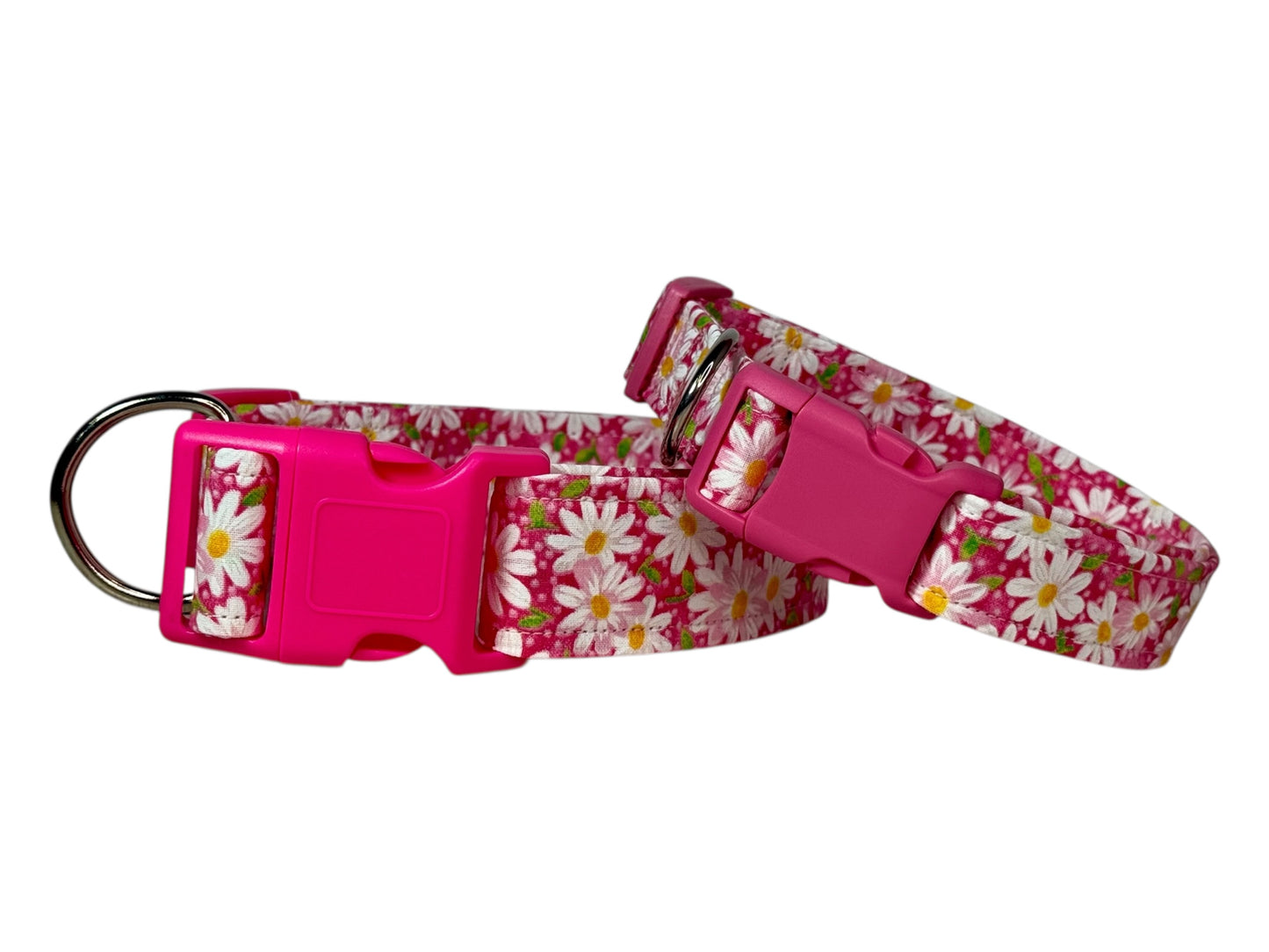 Pink Daisy Floral Handmade dog collar,  Handmade Pet Collar with Heavy-Duty Webbing & Stainless Steel Hardware