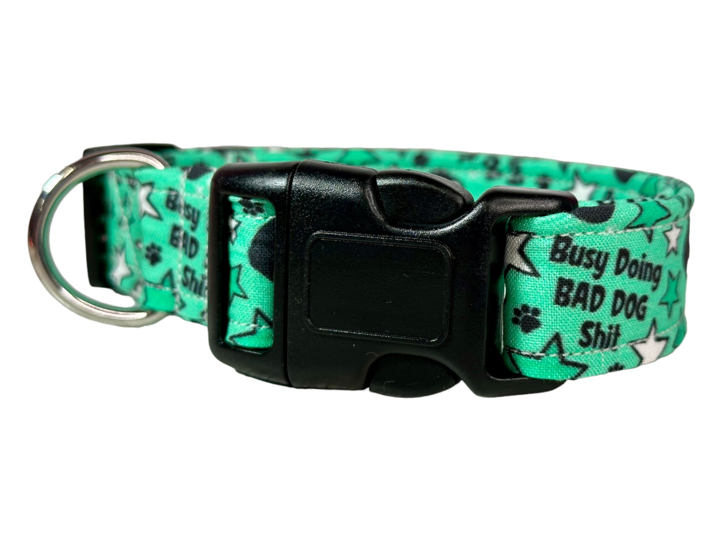 Busy doing bad dog shit dog collar (green), standard adjustable side release - handmade