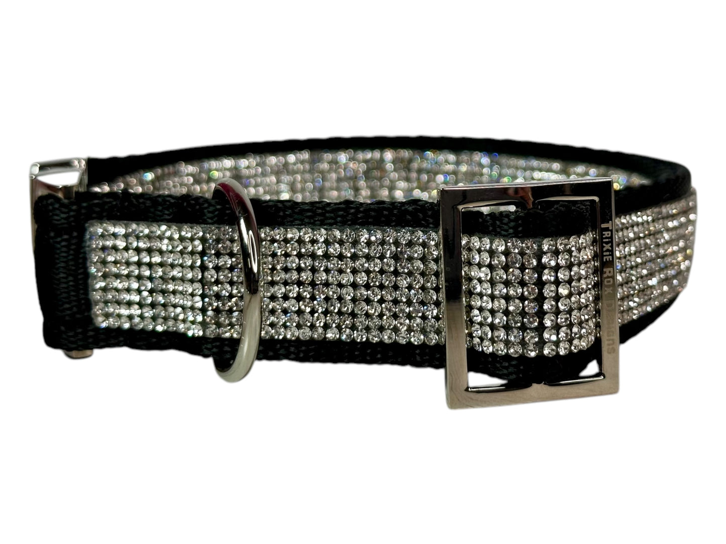 Rhinestone and Webbing Dog collar, Black with White Rhinestones and engrave-able silver hardware