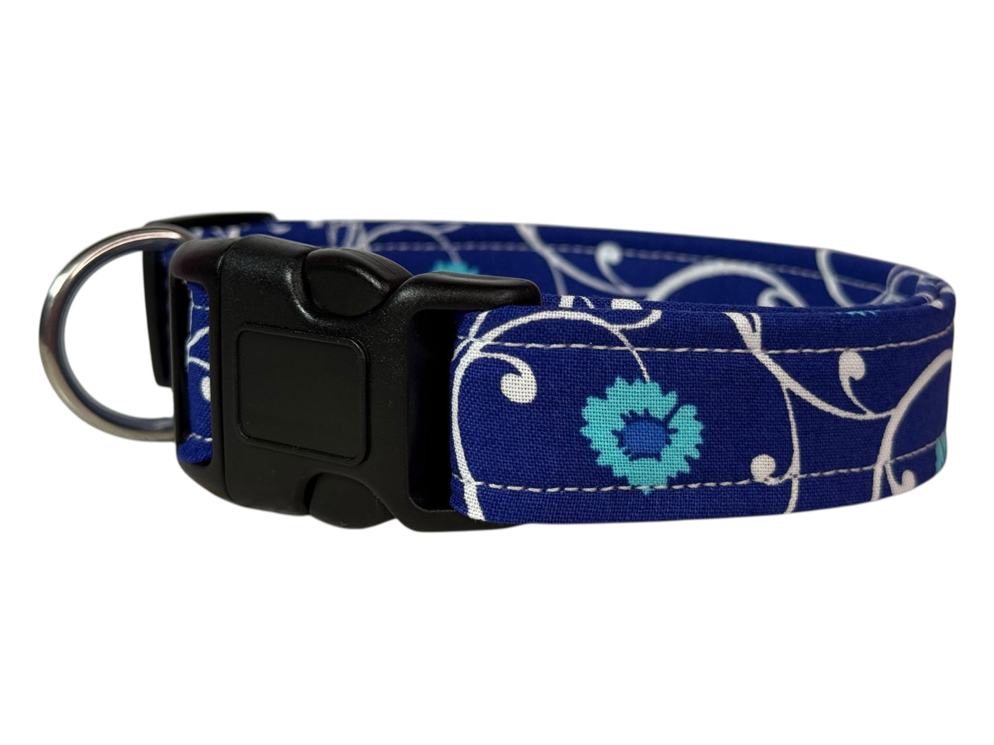 Blue and White Floral Handmade dog collar,  Handmade Pet Collar with Heavy-Duty Webbing & Stainless Steel Hardware