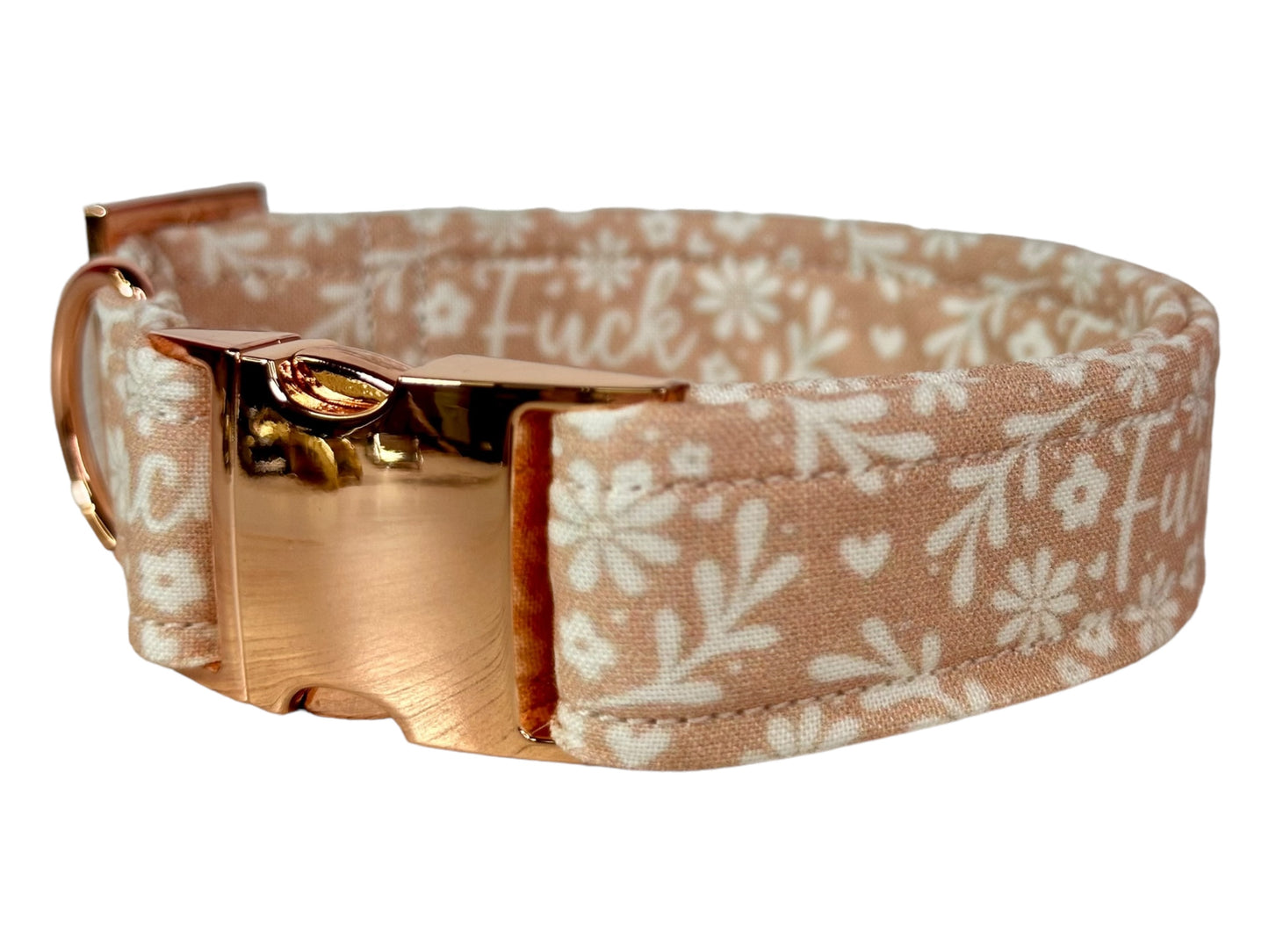 Beige Floral “Fuck” dog collar - Personalized Engraved Dog collar - Metal Side release dog collar