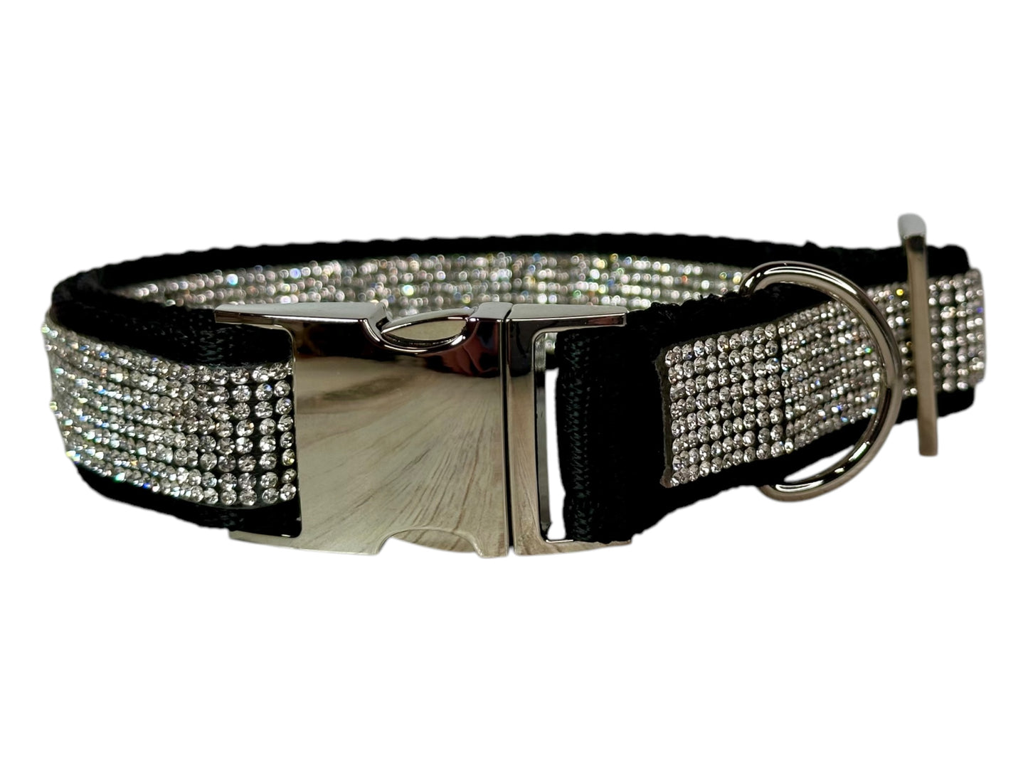 Rhinestone and Webbing Dog collar, Black with White Rhinestones and engrave-able silver hardware