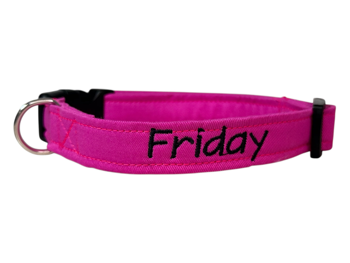 Pink embroidered cotton canvas side release adjustable dog collar, handmade, washable, personalized