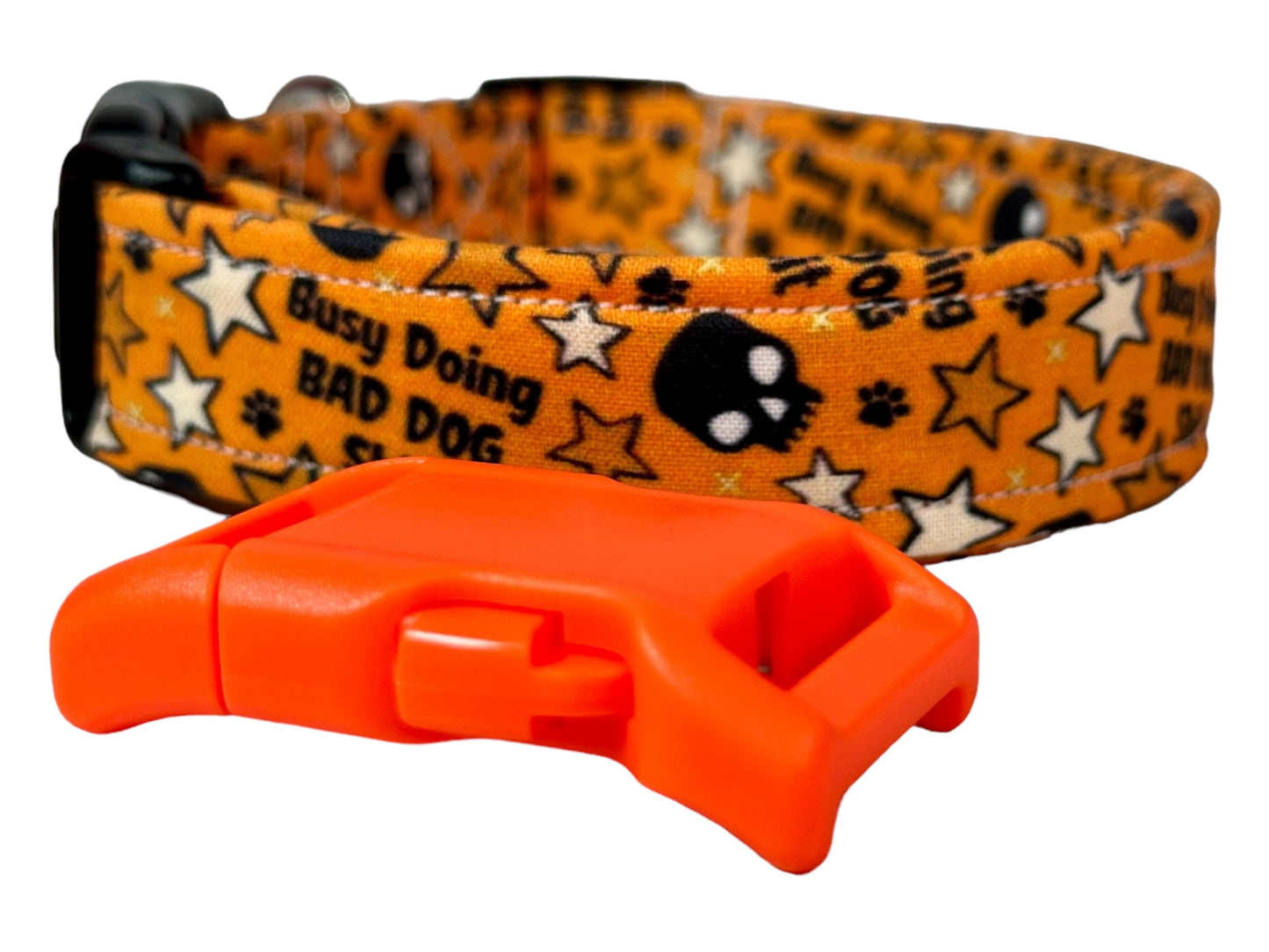 Busy doing bad dog shit dog collar (orange), standard adjustable side release - handmade