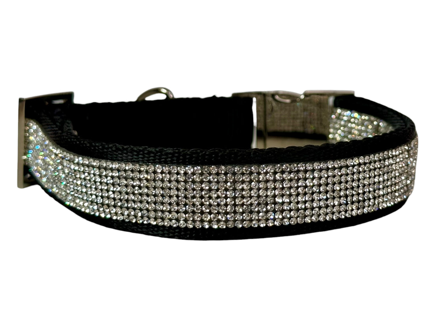 Rhinestone and Webbing Dog collar, Black with White Rhinestones and engrave-able silver hardware