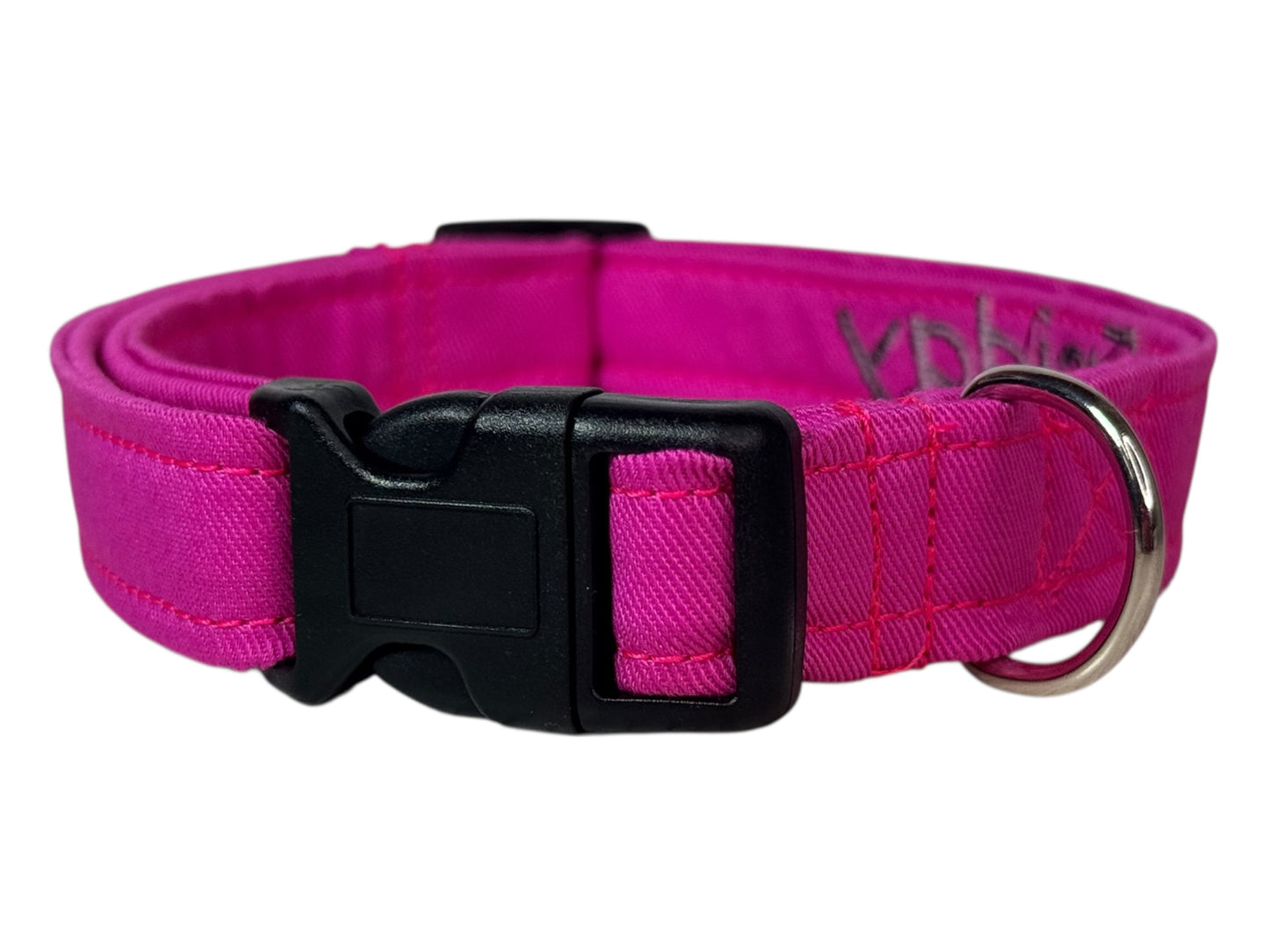 Pink embroidered cotton canvas side release adjustable dog collar, handmade, washable, personalized