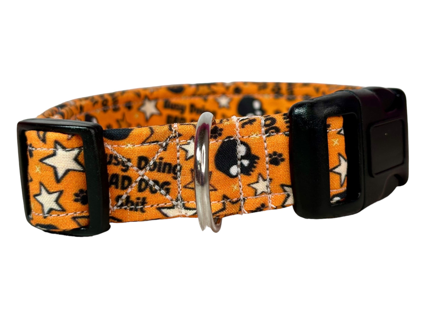 Busy doing bad dog shit dog collar (orange), standard adjustable side release - handmade