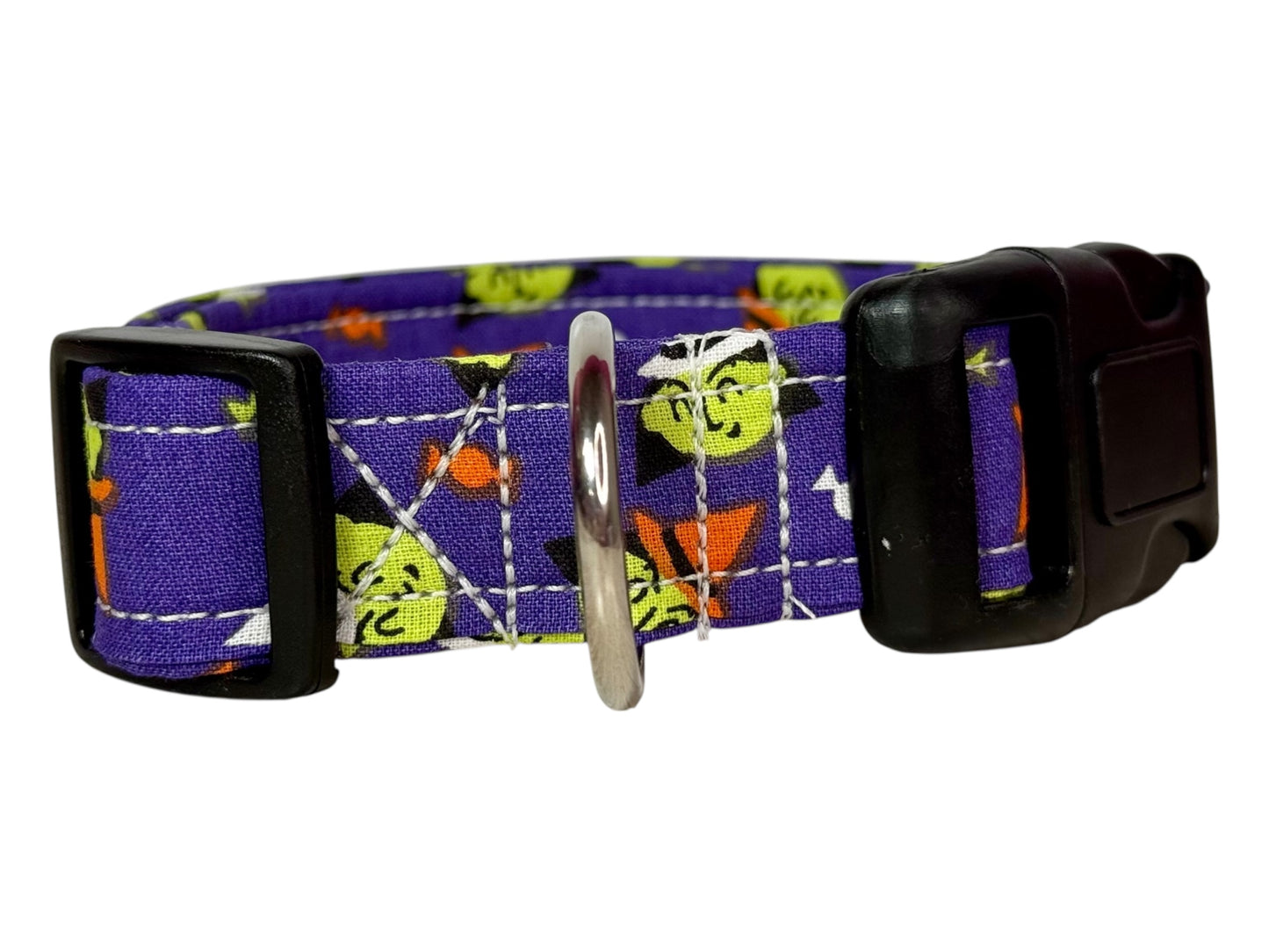 Witch Halloween Handmade dog collar: Adjustable side release, washable cotton fabric, webbing core