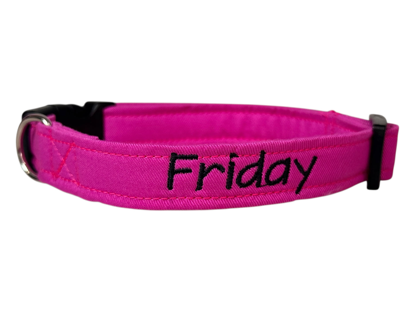 Pink embroidered cotton canvas side release adjustable dog collar, handmade, washable, personalized