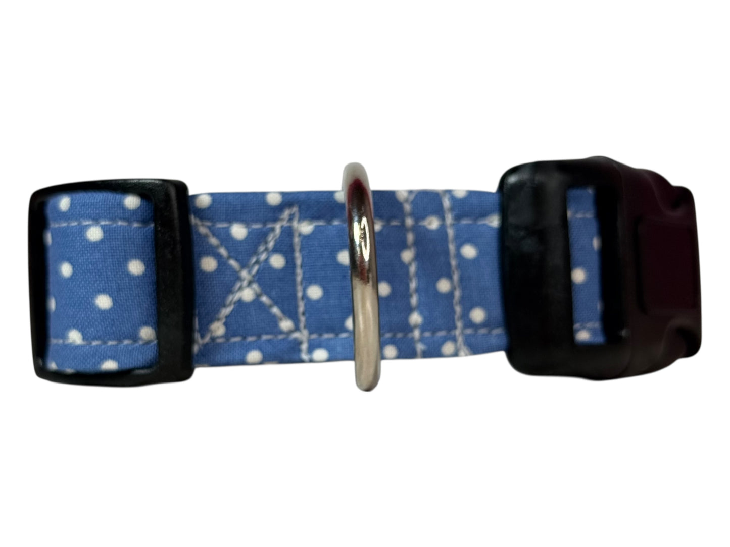 Blue Polka Dot Handmade dog collar, adjustable side release, Handmade Pet Collar with Heavy-Duty Webbing, washable fabric