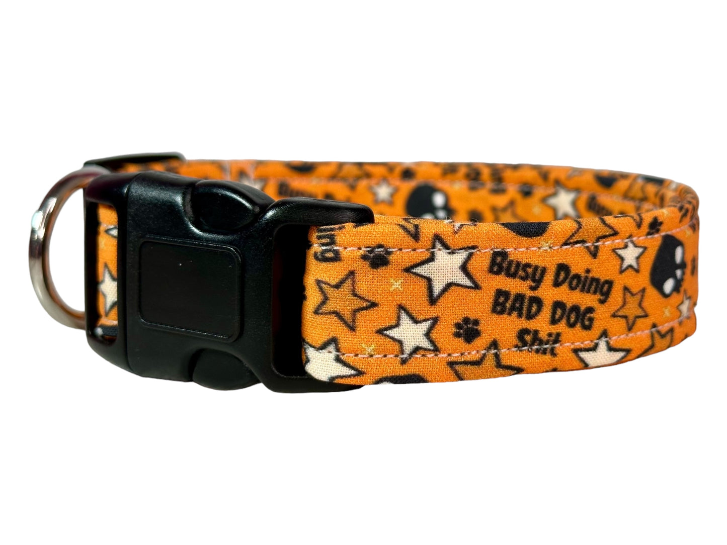 Busy doing bad dog shit dog collar (orange), standard adjustable side release - handmade