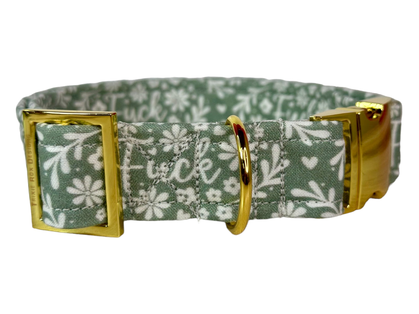 Sage Green Floral “Fuck” dog collar - Personalized Engraved Dog collar - Metal Side release dog collar