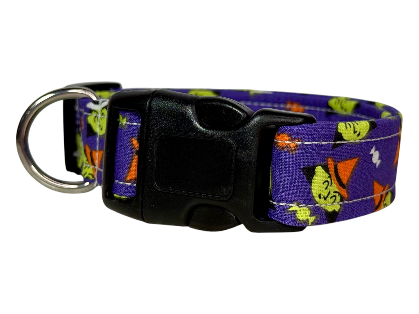 Witch Halloween Handmade dog collar: Adjustable side release, washable cotton fabric, webbing core