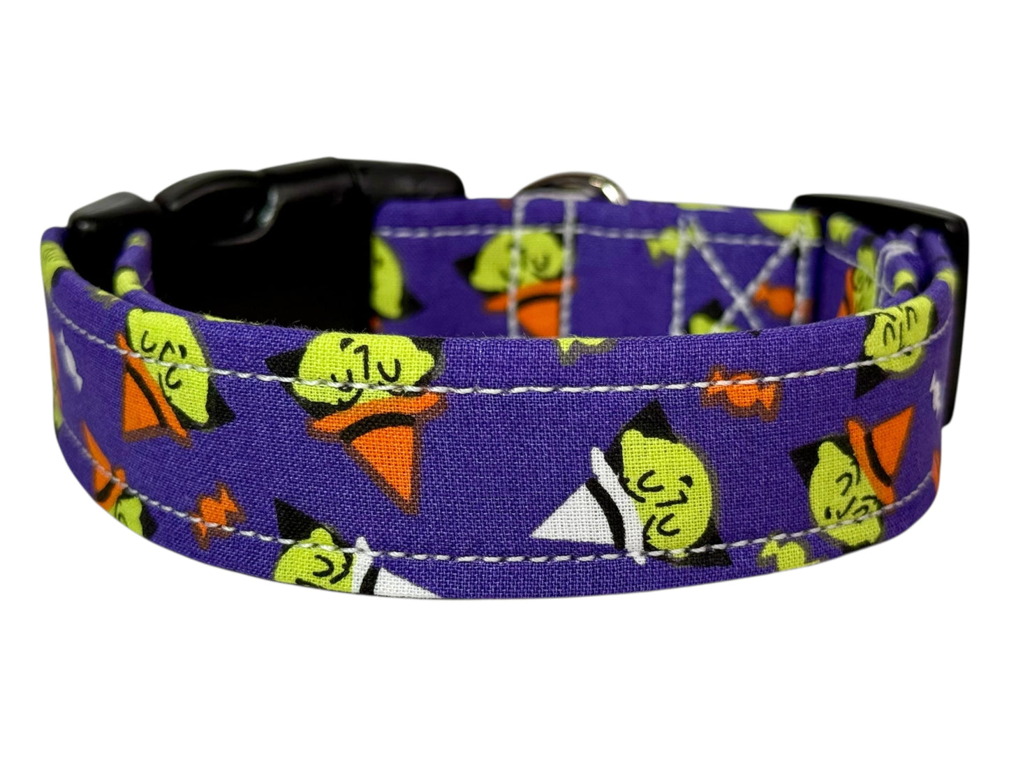 Witch Halloween Handmade dog collar: Adjustable side release, washable cotton fabric, webbing core
