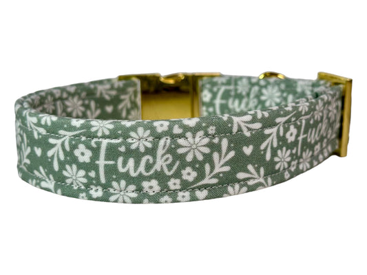 Sage Green Floral “Fuck” dog collar - Personalized Engraved Dog collar - Metal Side release dog collar