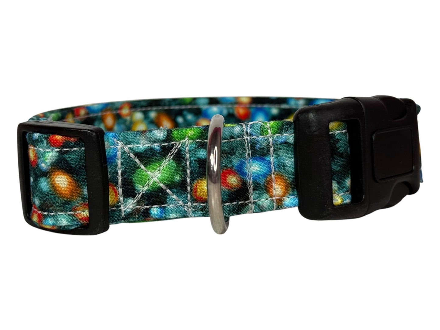 Christmas Lights Handmade dog collar: Adjustable side release, washable cotton fabric, webbing core, customizable hardware