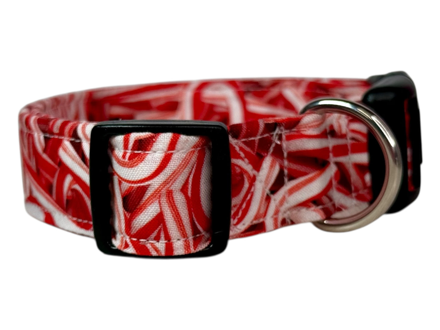 Candy Cane Christmas Handmade dog collar: Adjustable side release, washable cotton fabric, webbing core, customizable hardware
