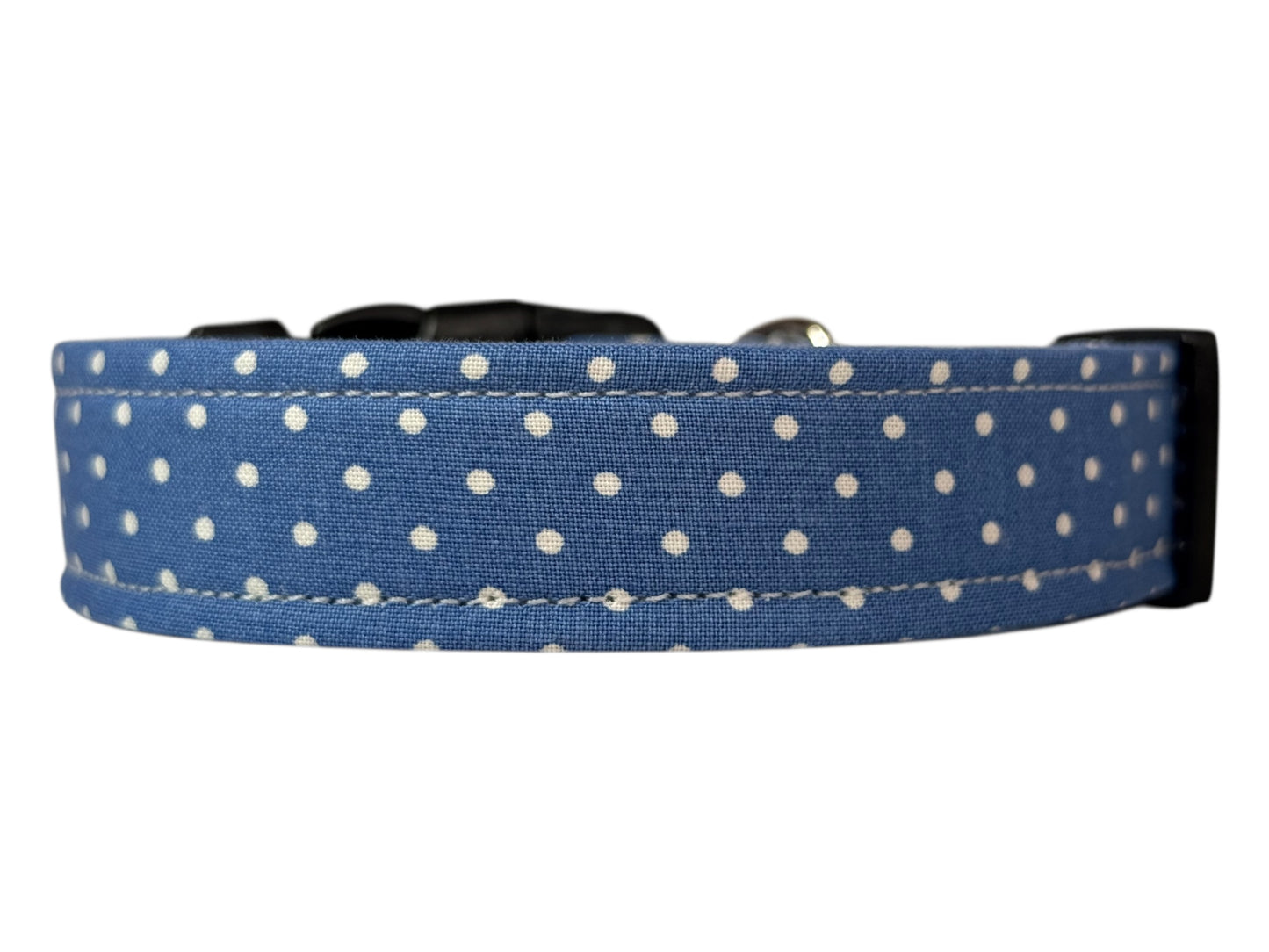 Blue Polka Dot Handmade dog collar, adjustable side release, Handmade Pet Collar with Heavy-Duty Webbing, washable fabric