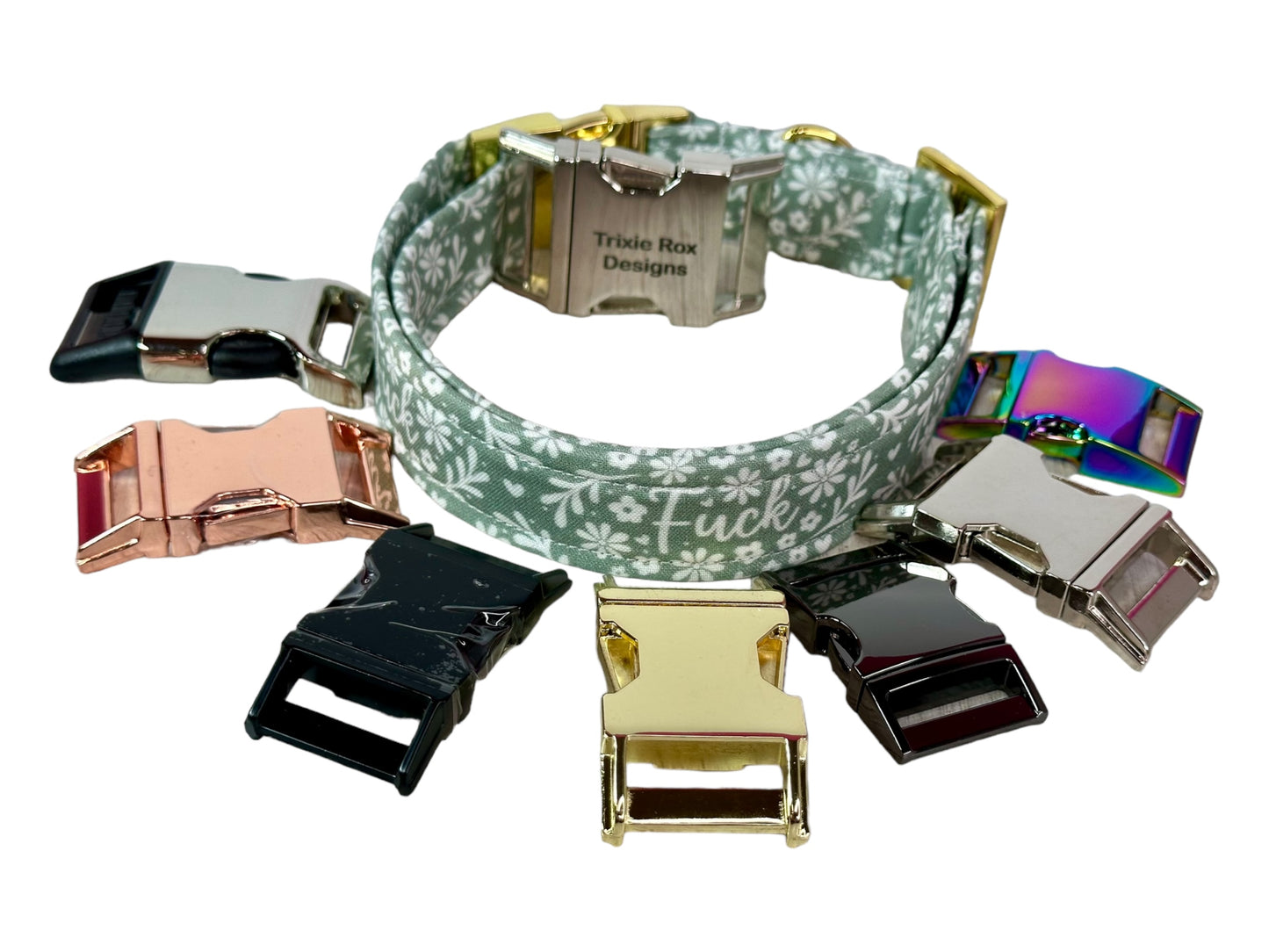 Sage Green Floral “Fuck” dog collar - Personalized Engraved Dog collar - Metal Side release dog collar