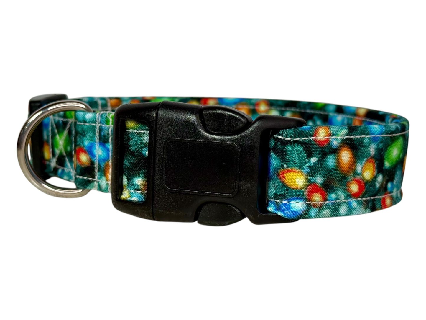 Christmas Lights Handmade dog collar: Adjustable side release, washable cotton fabric, webbing core, customizable hardware