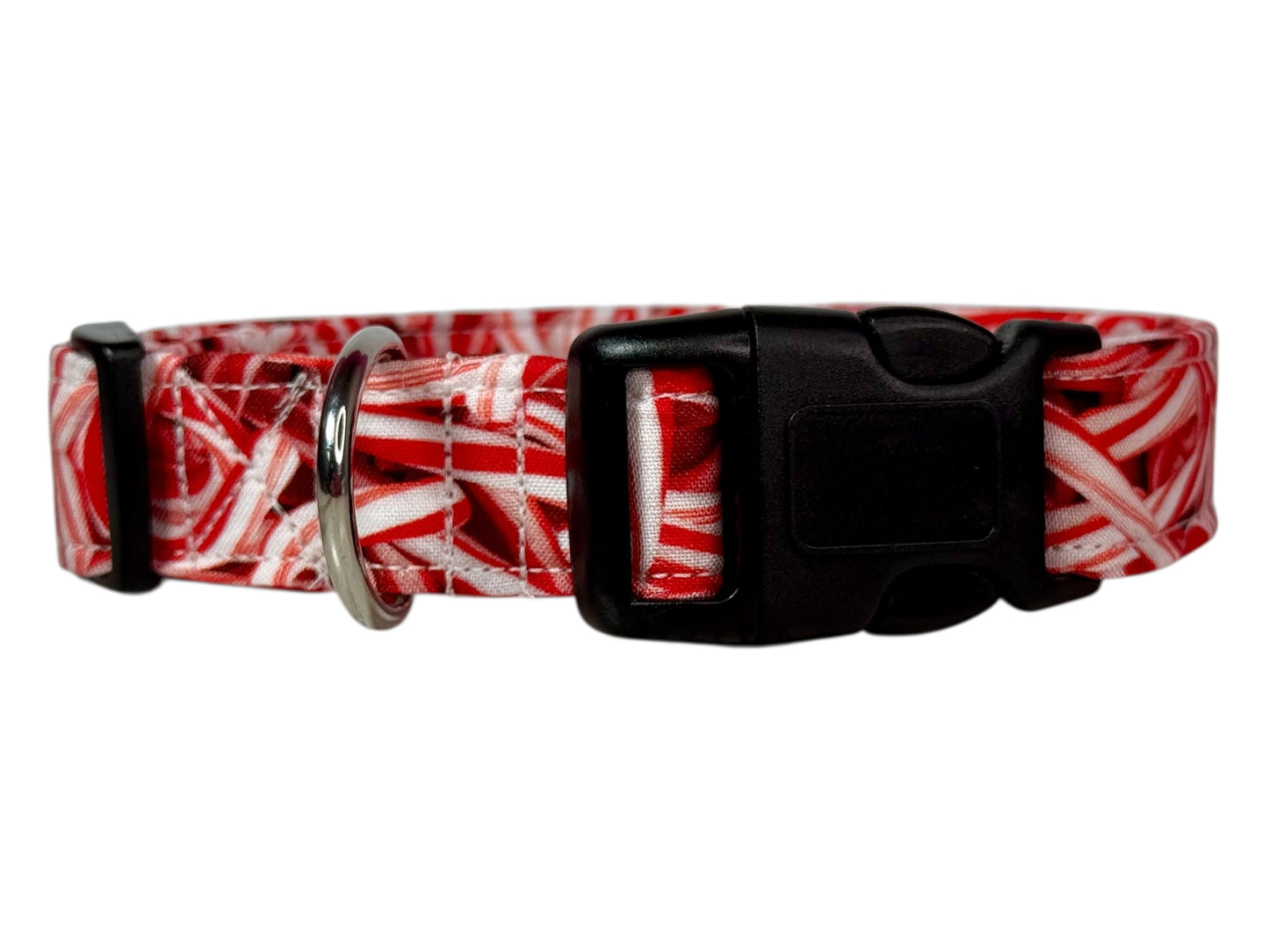 Candy Cane Christmas Handmade dog collar: Adjustable side release, washable cotton fabric, webbing core, customizable hardware