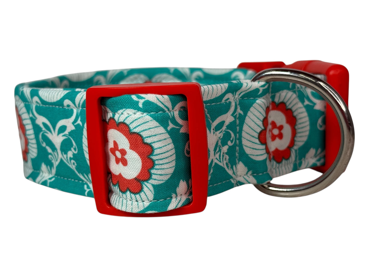 Turquoise and Orange Floral Handmade dog collar,  Handmade Pet Collar with Heavy-Duty Webbing & Stainless Steel Hardware