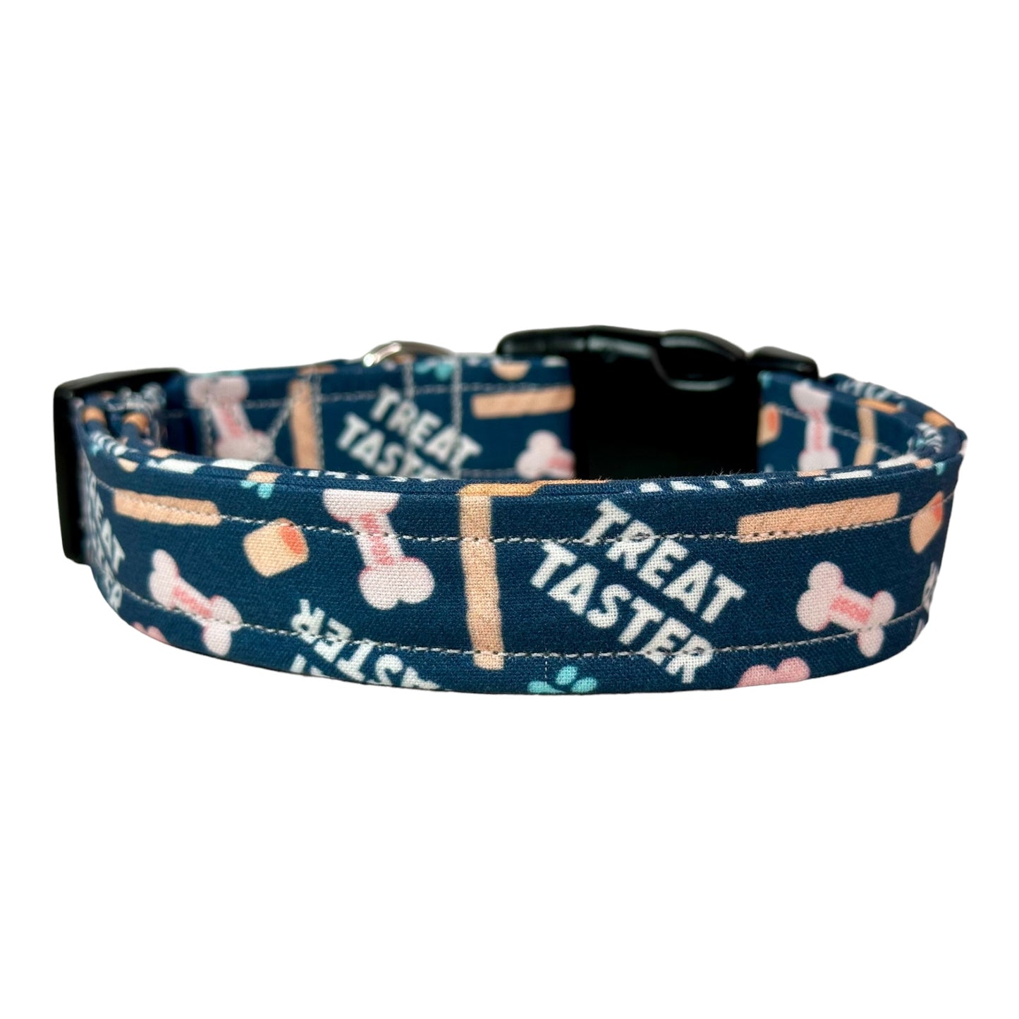 Treat Taster Dog collar, handmade side release dog collar, adjustable and washable (Pink Bones Treat Taster)