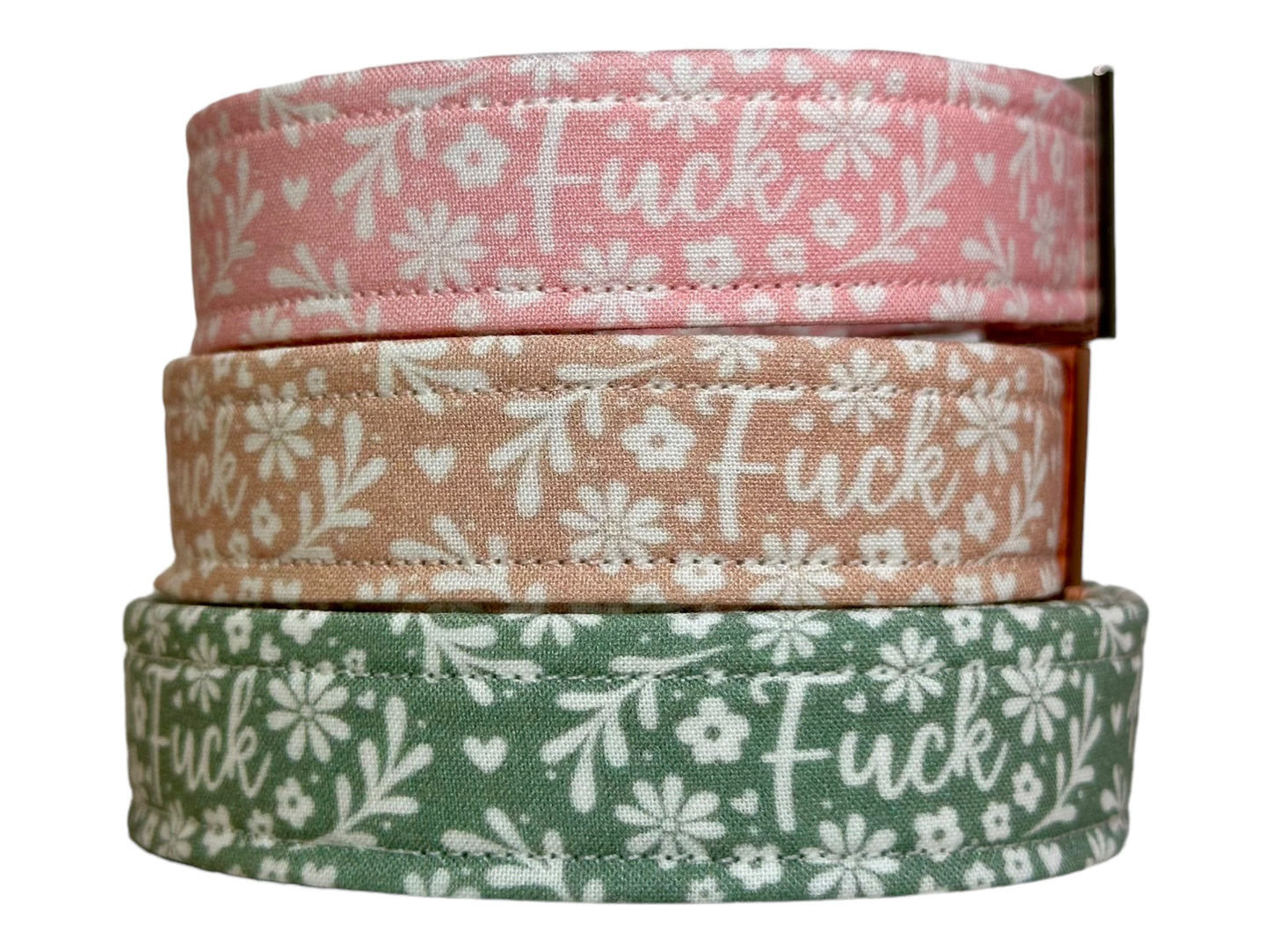 Sage Green Floral “Fuck” dog collar - Personalized Engraved Dog collar - Metal Side release dog collar