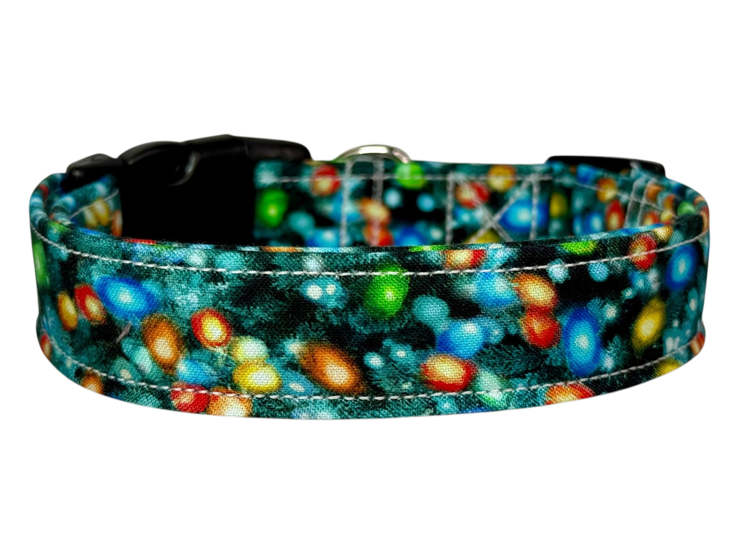 Christmas Lights Handmade dog collar: Adjustable side release, washable cotton fabric, webbing core, customizable hardware