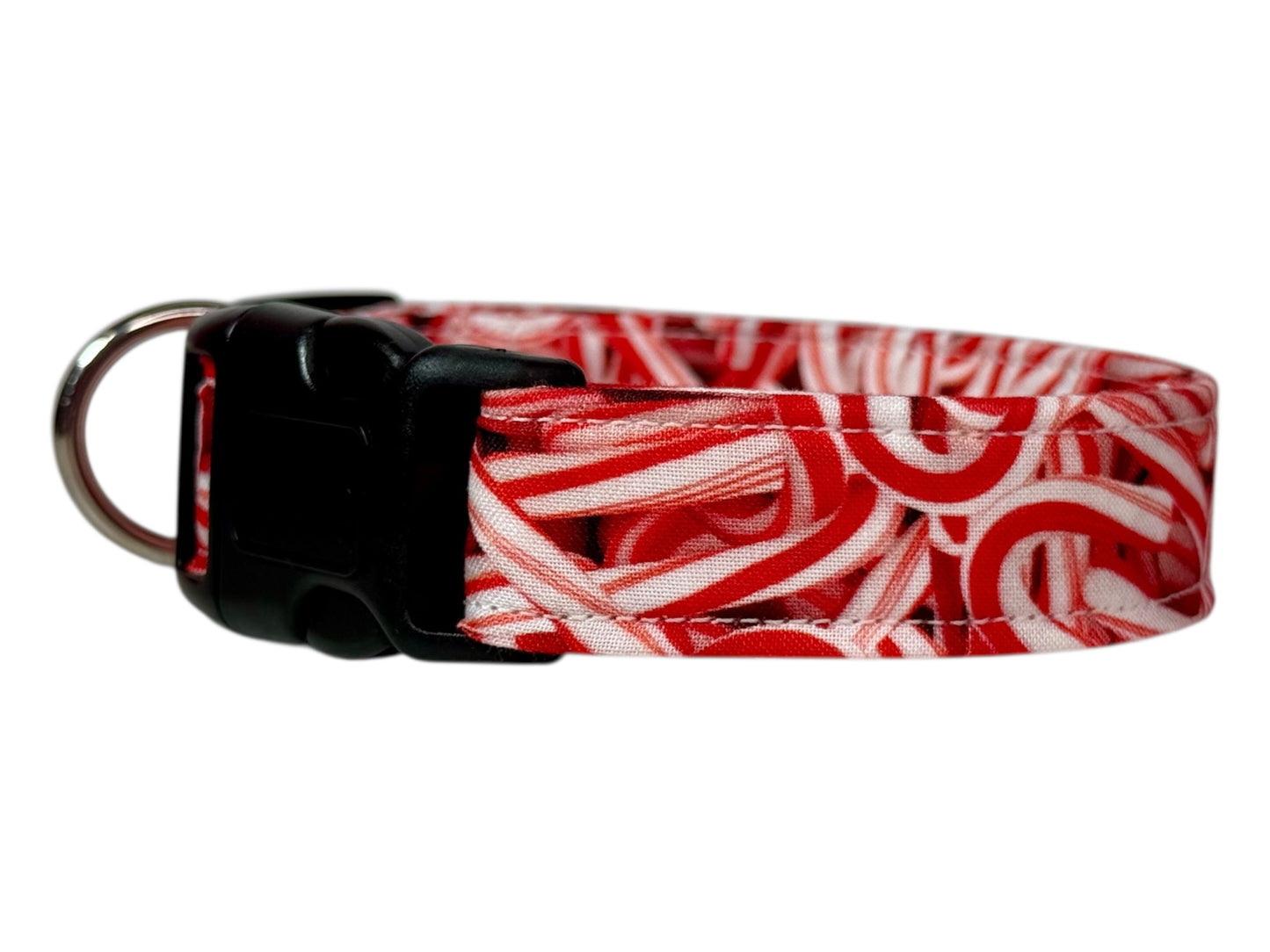 Candy Cane Christmas Handmade dog collar: Adjustable side release, washable cotton fabric, webbing core, customizable hardware