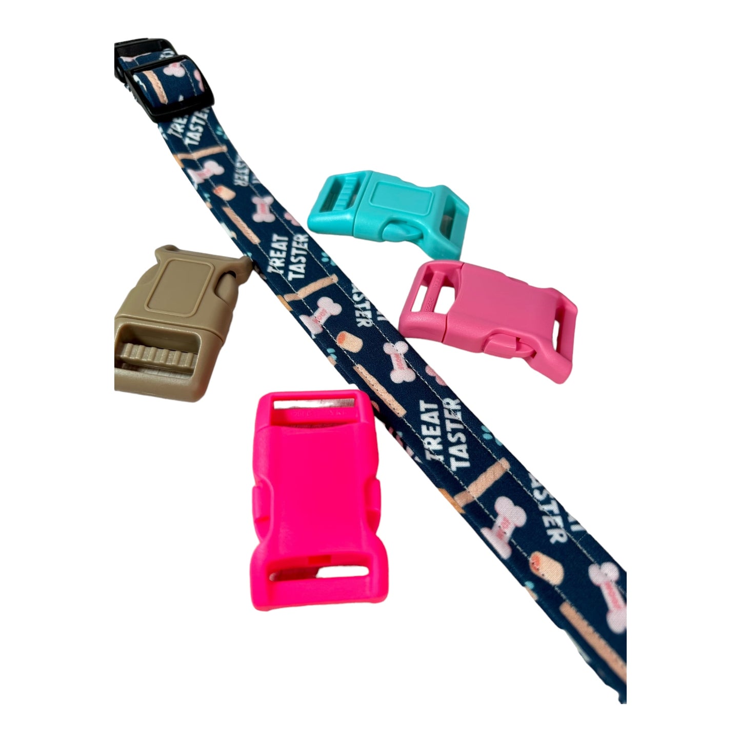 Treat Taster Dog collar, handmade side release dog collar, adjustable and washable (Pink Bones Treat Taster)