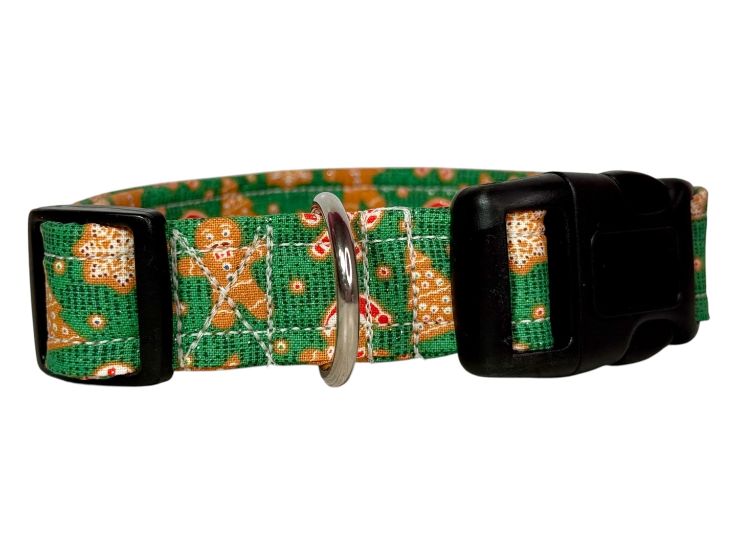 Christmas Gingerbread man Handmade dog collar: Adjustable side release, washable cotton fabric, webbing core, customizable hardware