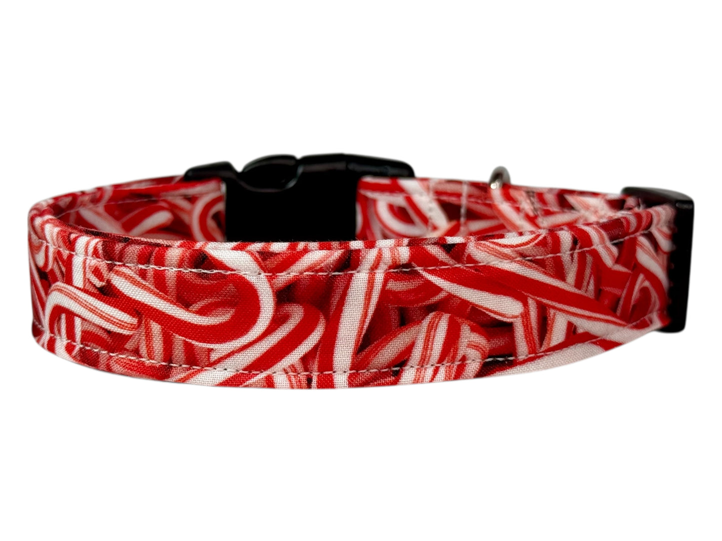 Candy Cane Christmas Handmade dog collar: Adjustable side release, washable cotton fabric, webbing core, customizable hardware